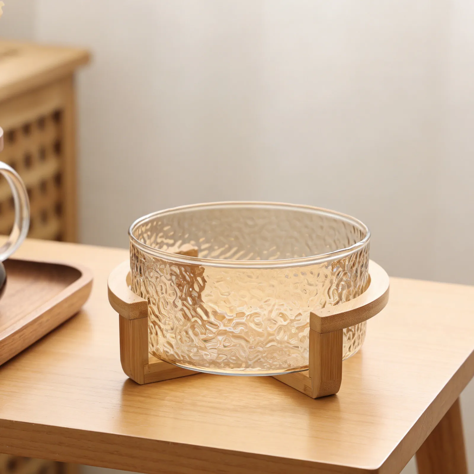 1Set Glass Salad Bowl Set with Wooden Base Clear Ripple Effect Fruit Bowl for Party Serving Ramen Popcorn Dessert Snack Bamboo