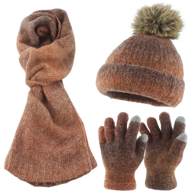 جديد الخريف الشتاء الكبار التدرج اللون محبوك بوم بوم قبعة وشاح قفازات مجموعة الصوف مبطنة الدافئة ثلاث قطع مجموعة للنساء الفتيات