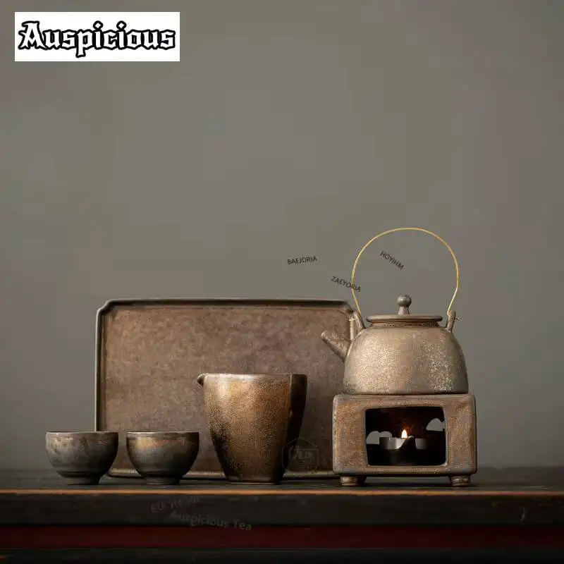 ZAEYORIA Vintage Gilt Crude Pottery Tea Set Complete Set Creative Tea Ceremony Set Teapot and Tea Cup Set Tea Items Ornaments