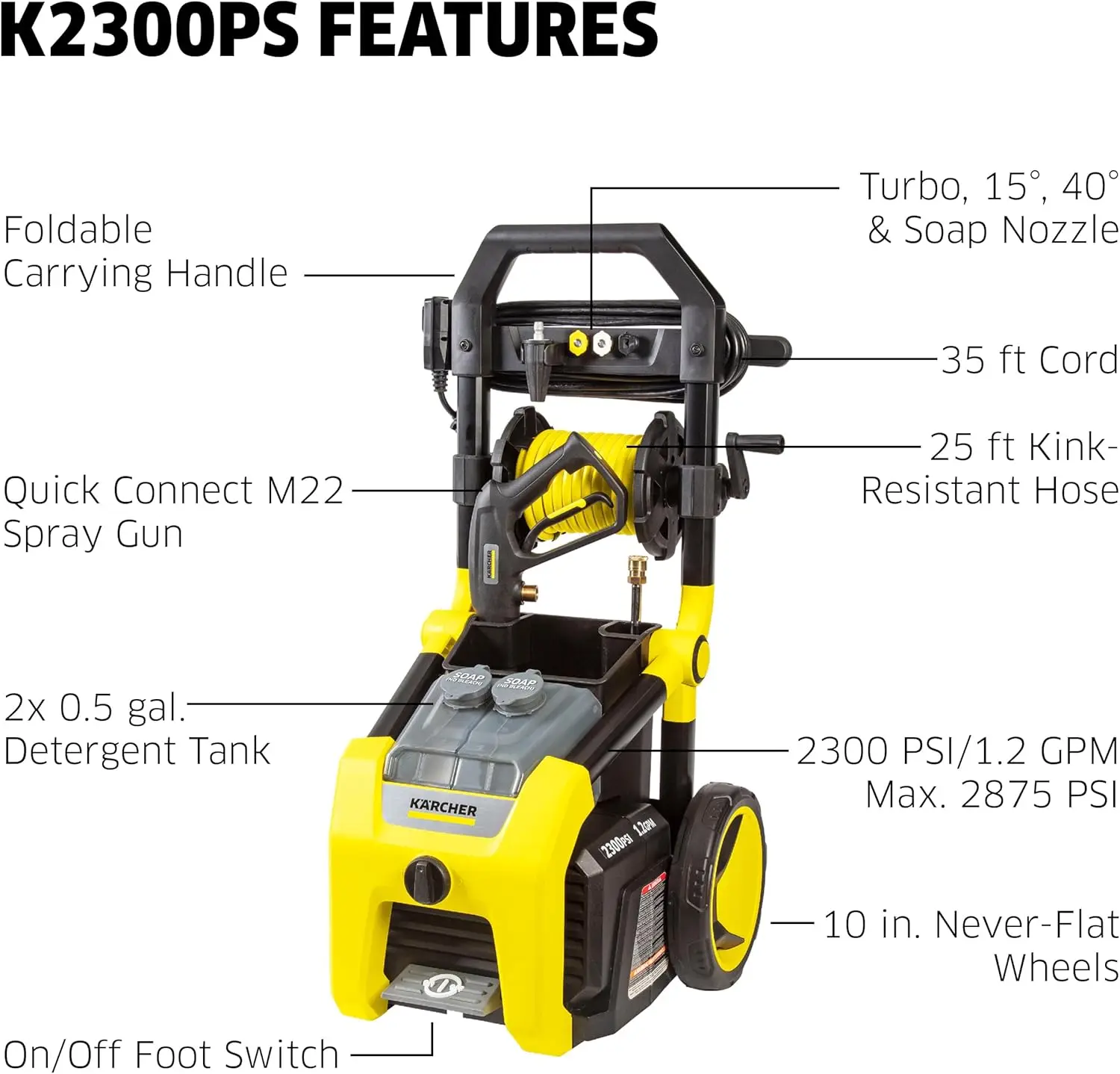 2300PS Electric Pressure Washer, 4 Spray Nozzles, Detergent Tank, Hose Reel, For Cars, Driveways, Siding, Patios