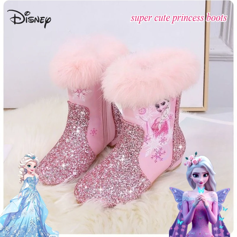 

Милые студенческие сапоги с героями мультфильмов Диснея и Эльзы, креативные кавайные туфли принцессы с блестками для девочек, зимние флисовые теплые зимние сапоги, подарок, оптовая продажа