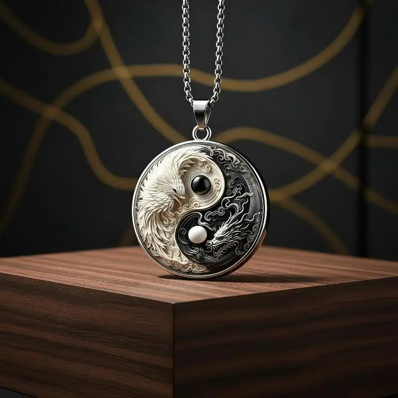 Phoenix Dragon Talisman Keychain Mini Size Yin Yang Fish Round Glass Pendant for DIY Necklace Easy Storage and Carry