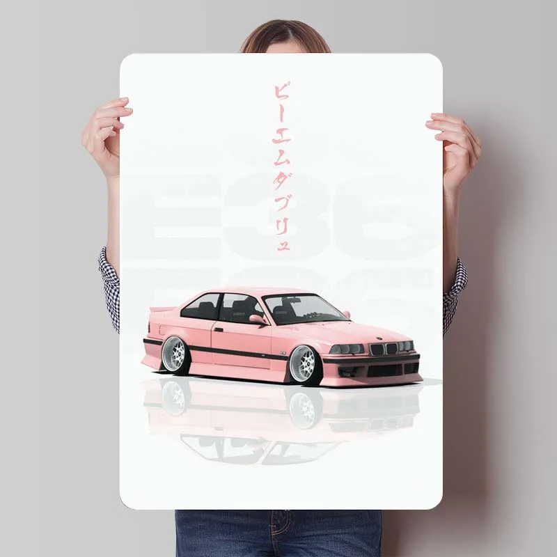 Pink Slammed BMW E36 M3 Metal Wall Art Mural Car Posters Door Decoration Vintage Metal Tin Signs for Garage Bar Wall Decoration