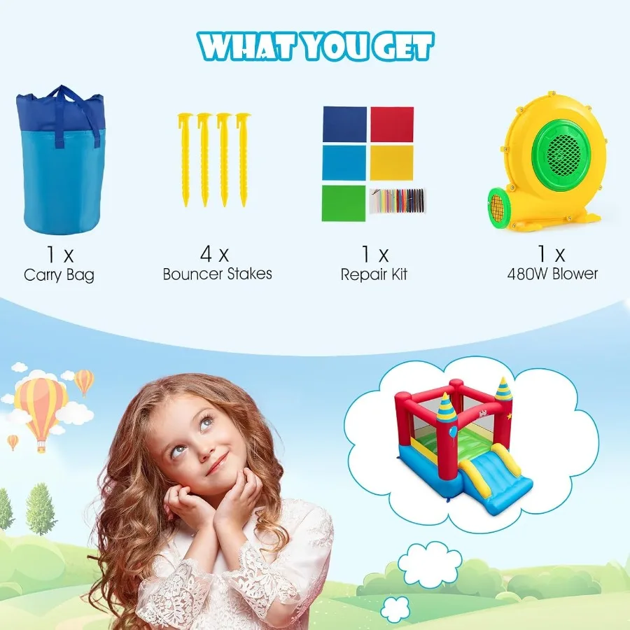 Casa inflable de rebote, casa hinchable para niños de 3 a 10 años, familia interior y exterior con gran área de salto, tobogán, soplador de 480w, mini hinchable