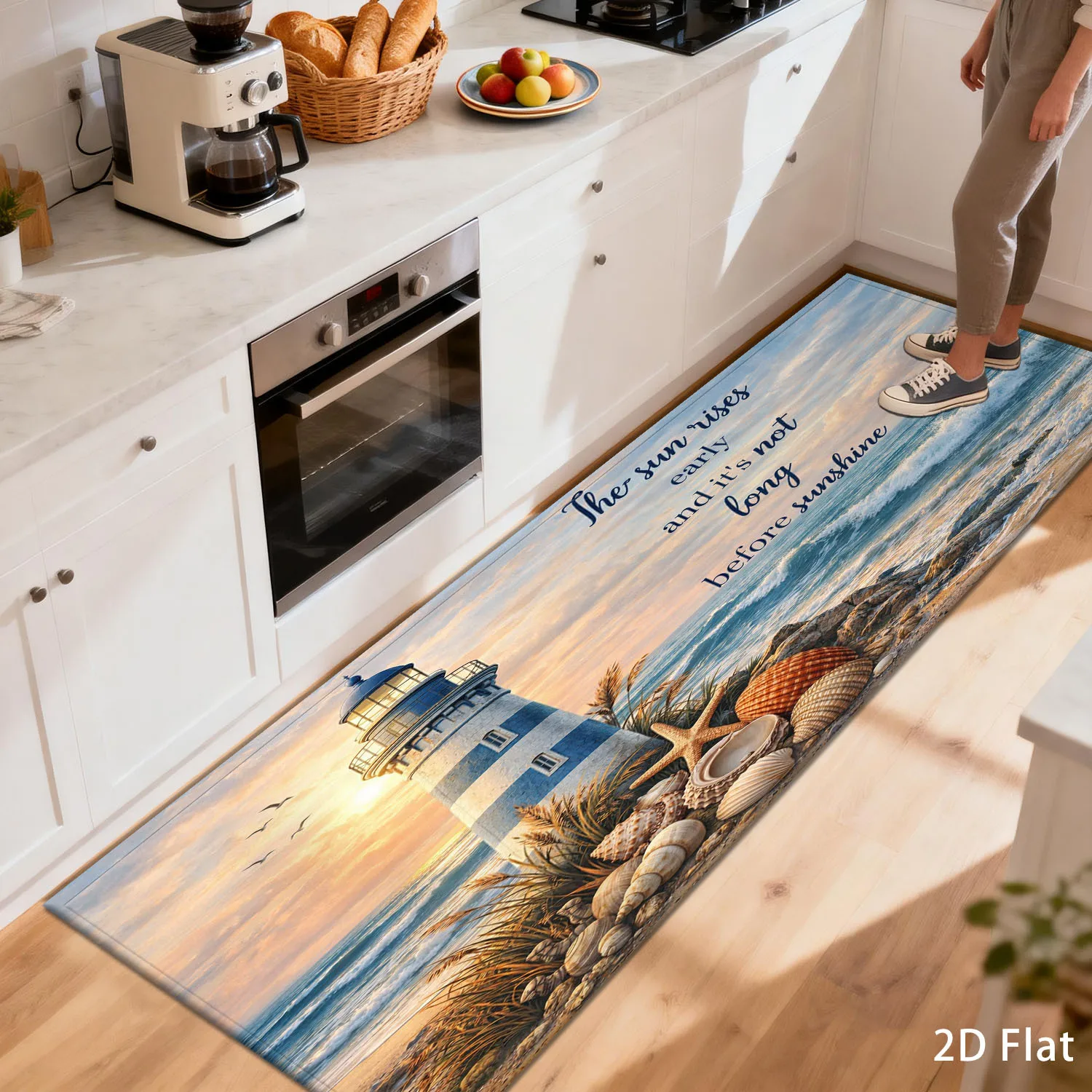 Coastal Lighthouse Seascape Runner Rug  Ocean Shells Inspirational Quote Decor Floor Mat for Kitchen & Indoor Home Space