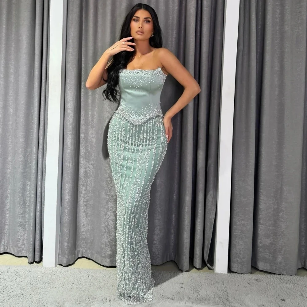 Luksusowa suknia wieczorowa z koralikami na zamówienie, bez ramiączek, suknie balowe, bez rękawów, proste sukienki na przyjęcie, długa do podłogi, sukienka na studniówkę 2025