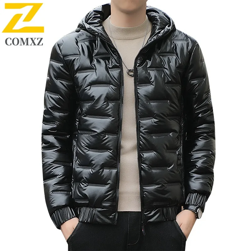 COMXZ 2025 Men Korean Shiny Hooded Thickened Winter cotton-padded Jacket Warm Tactic Waterproof and Windproof Outdoor Sport Coat