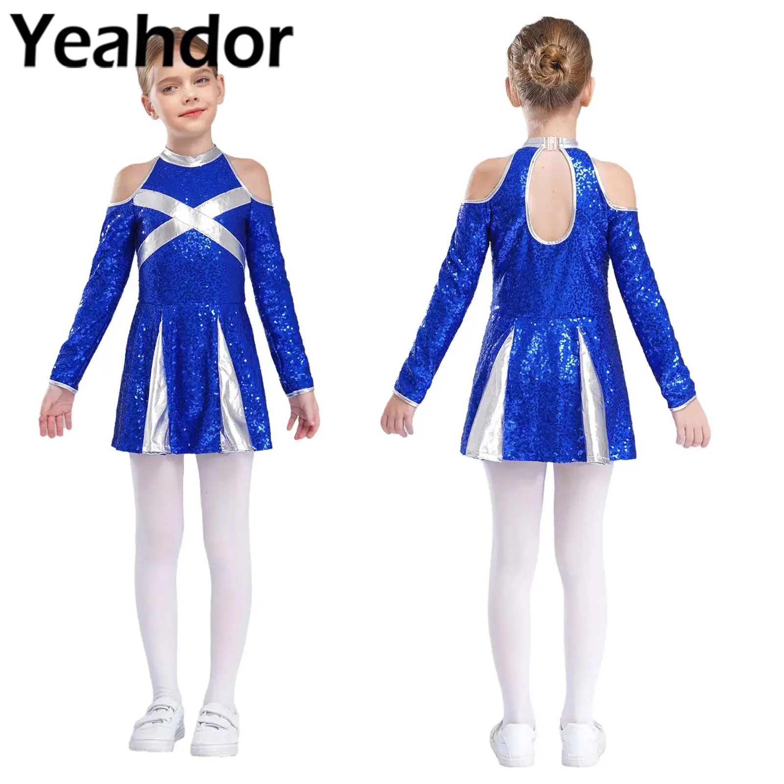 ชุดเชียร์ลีดเดอร์สำหรับเด็กผู้หญิง แต่งเลื่อมวิบวับ แขนยาวเปิดไหล่ด้านข้าง ดีไซน์เว้าหลังแบบรูทรงกุญแจ สีตัดต่อ