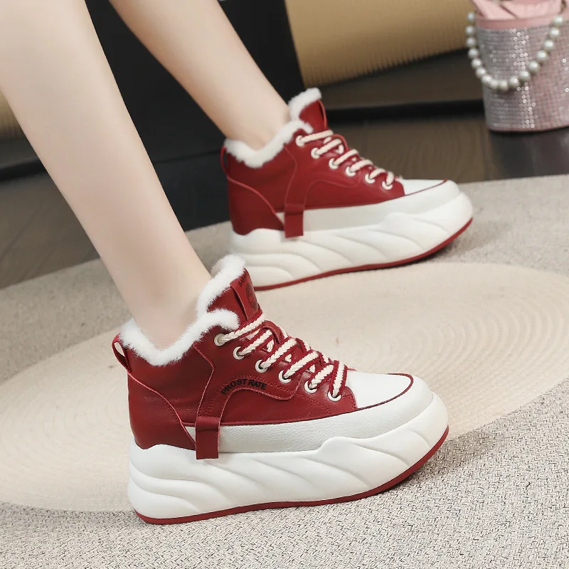 New Versatile Shoes for Women Plush Inner Height Increase Winter Warm Cotton Shoes Casual Leather High Top Thick Sole Snow Boots