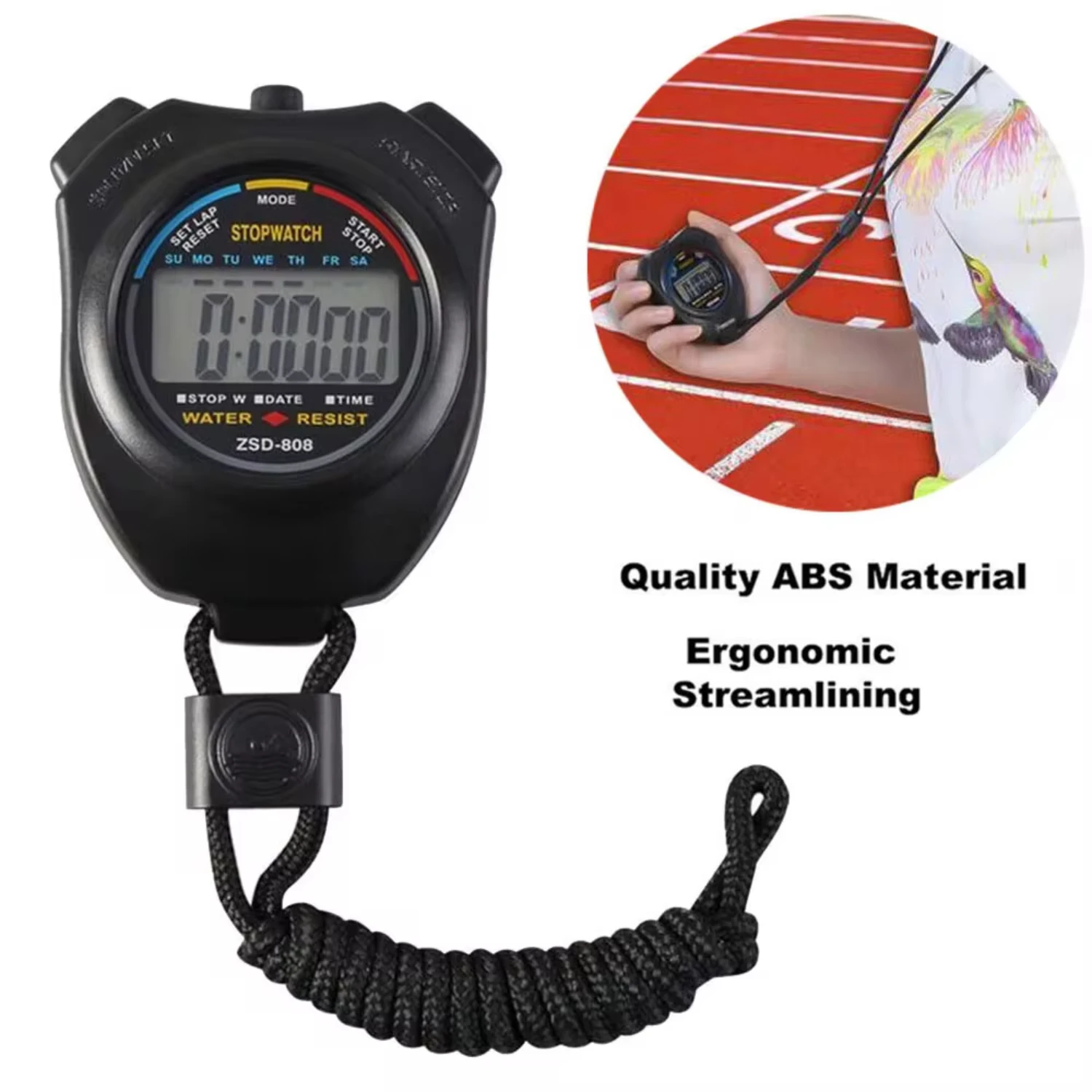 Portable Waterproof Digital Sport Stopwatch LCD Timer Black