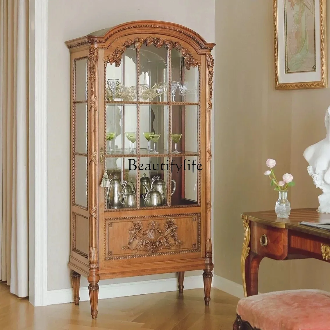 

American Country Style Solid Wood Carved Glass Wine Cabinet Vintage Style Retro Display Cabinet Antique Light Luxury