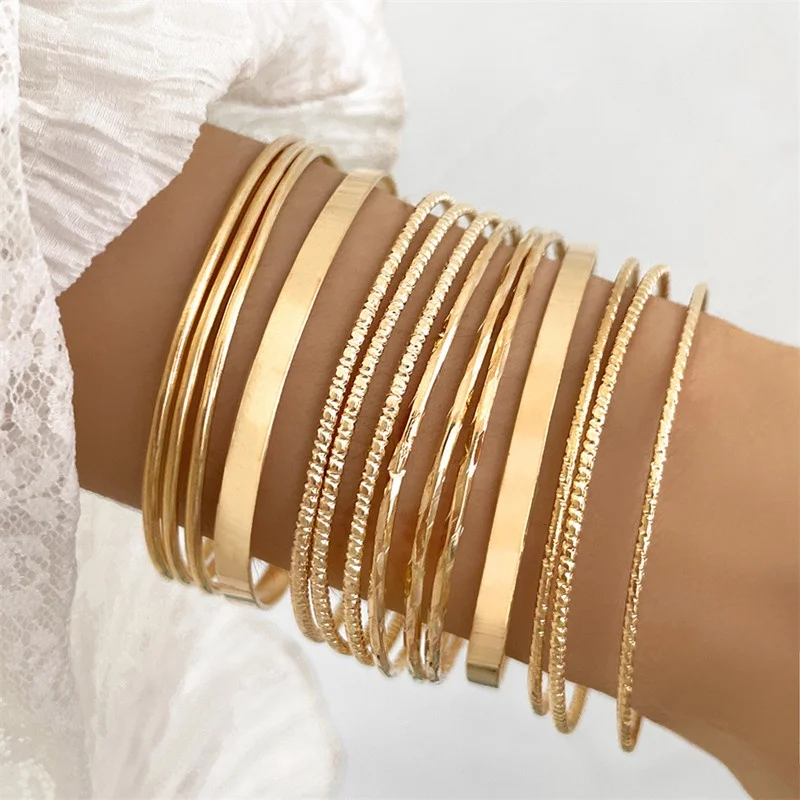 14 Pcs/Set Punk Gold Color Bracelets for Women Trendy Metal Bangle Jewelry Accessories