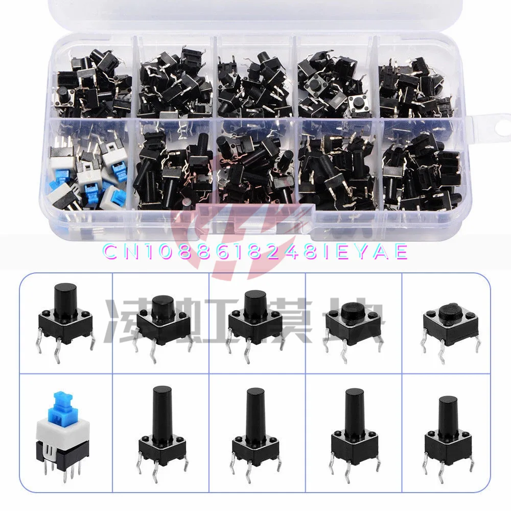 180Pcs Tact Switch Kit Kit, Key Switch Kit 180 6x6x4.3-14 Button Four-Pin Switches