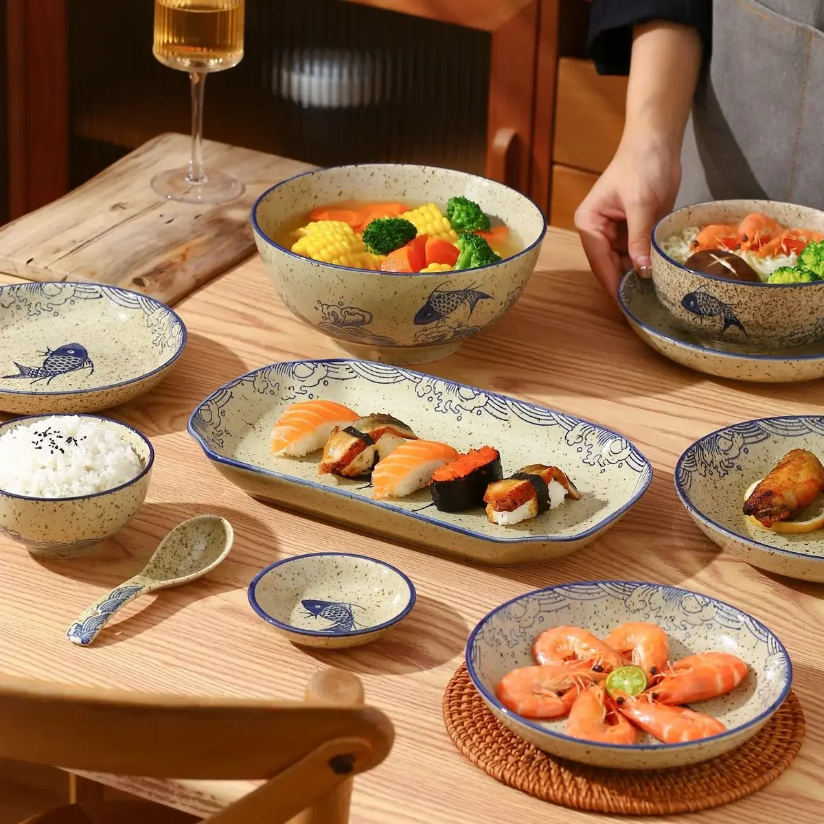 Chinese fish plate household dish round plate ceramic deep soup plate high beauty bowl household tableware set