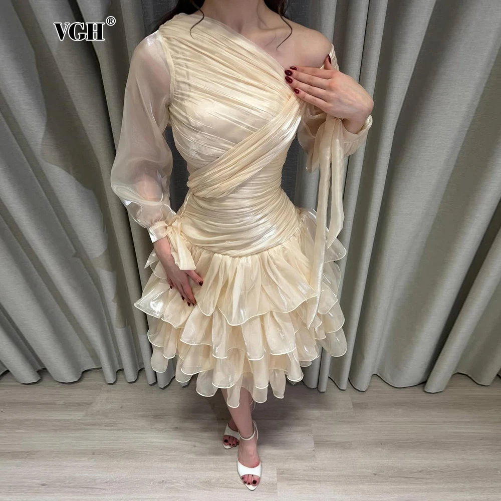 VGH Formal Events Apricot Ruched Ruffle Mini Dresses for Women Off One Shoulder Bow Accent Cuff Long Sleeve for Romantic Dates