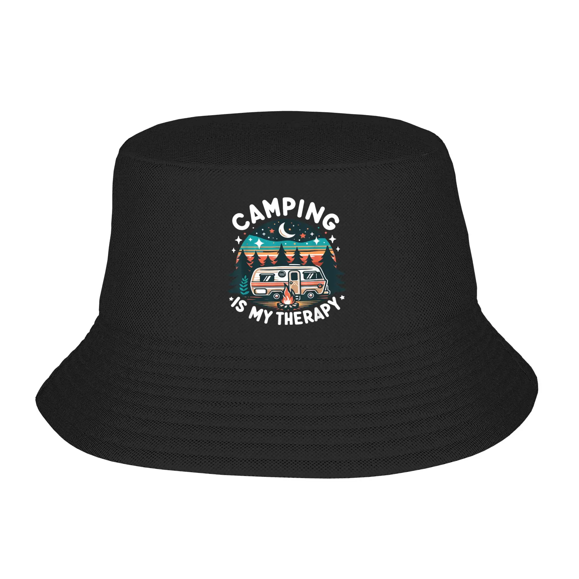 Bucket Hat für Männer und Frauen mit der Aufschrift „Camping is My Therapy“, tragbare Fischerhüte, Sommer, Freizeit, Reisen, Wandern, Mützen, Harajuku-Design, Sonnenhut