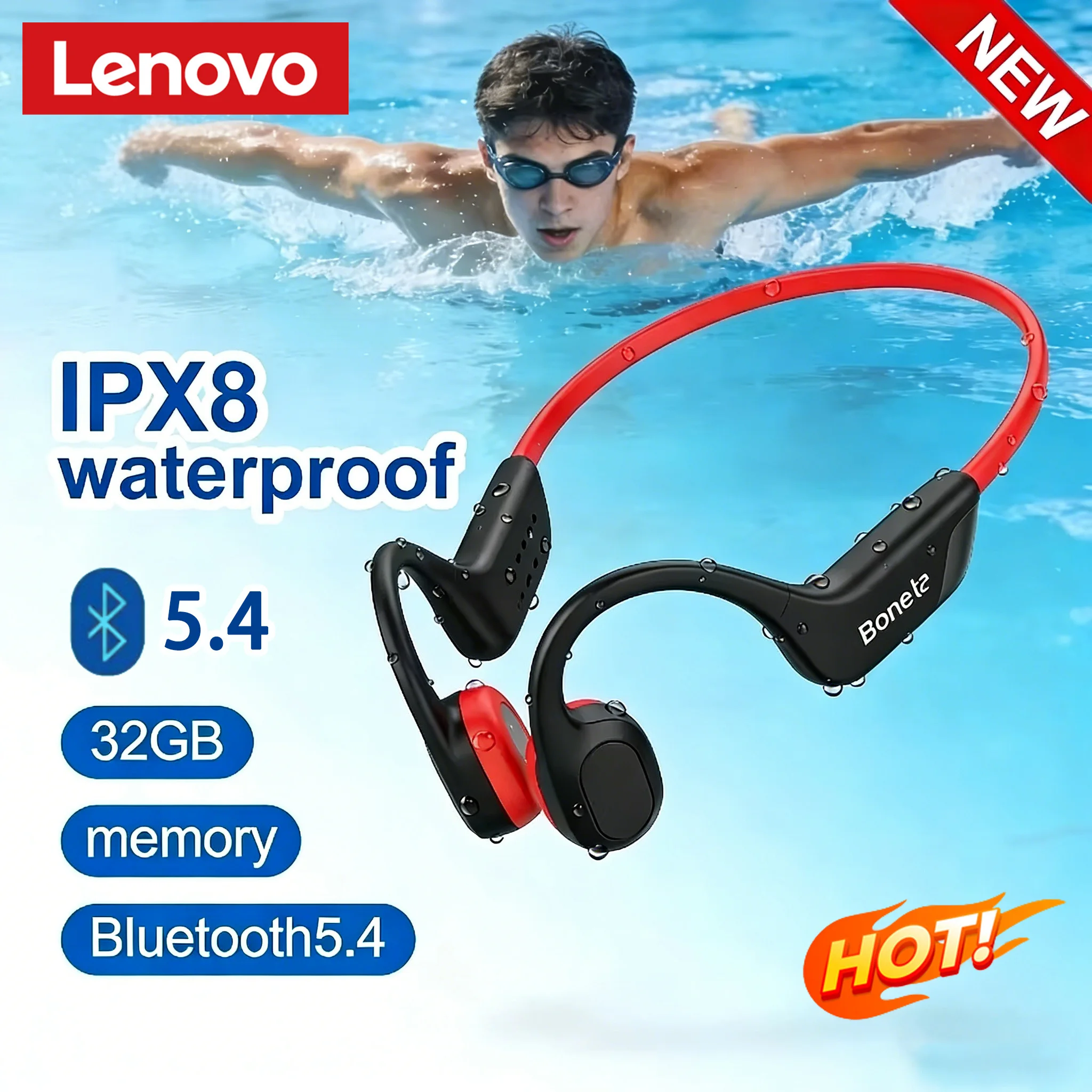 Image of Lenovo Knochenleitungs-Kopfhörer Bluetooth 5.4 Mit Mikrofon Wasserdicht Fitness Kabellos Schwimmen Sport-Kopfhörer Neu 2026