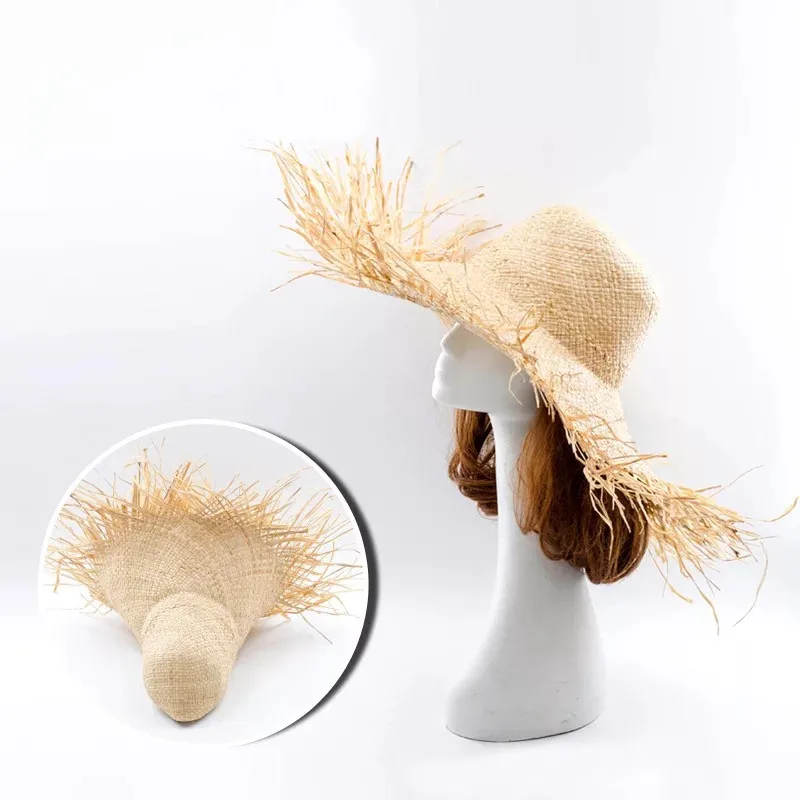 New Band Handmade Women Straw Sun Hats Large Wide Brim Gilrs High Quality Natural Raffia Panama Beach Straw Sun Caps For Holiday