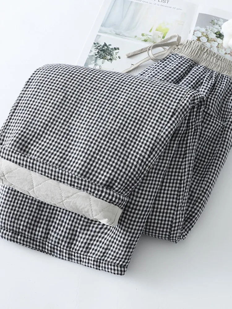 

Retro Bla White Plaid Cotton Linen Wide Leg Pants Women's Winter Color Colion Elastic Waist Belt Casual Outerwear Cotton...