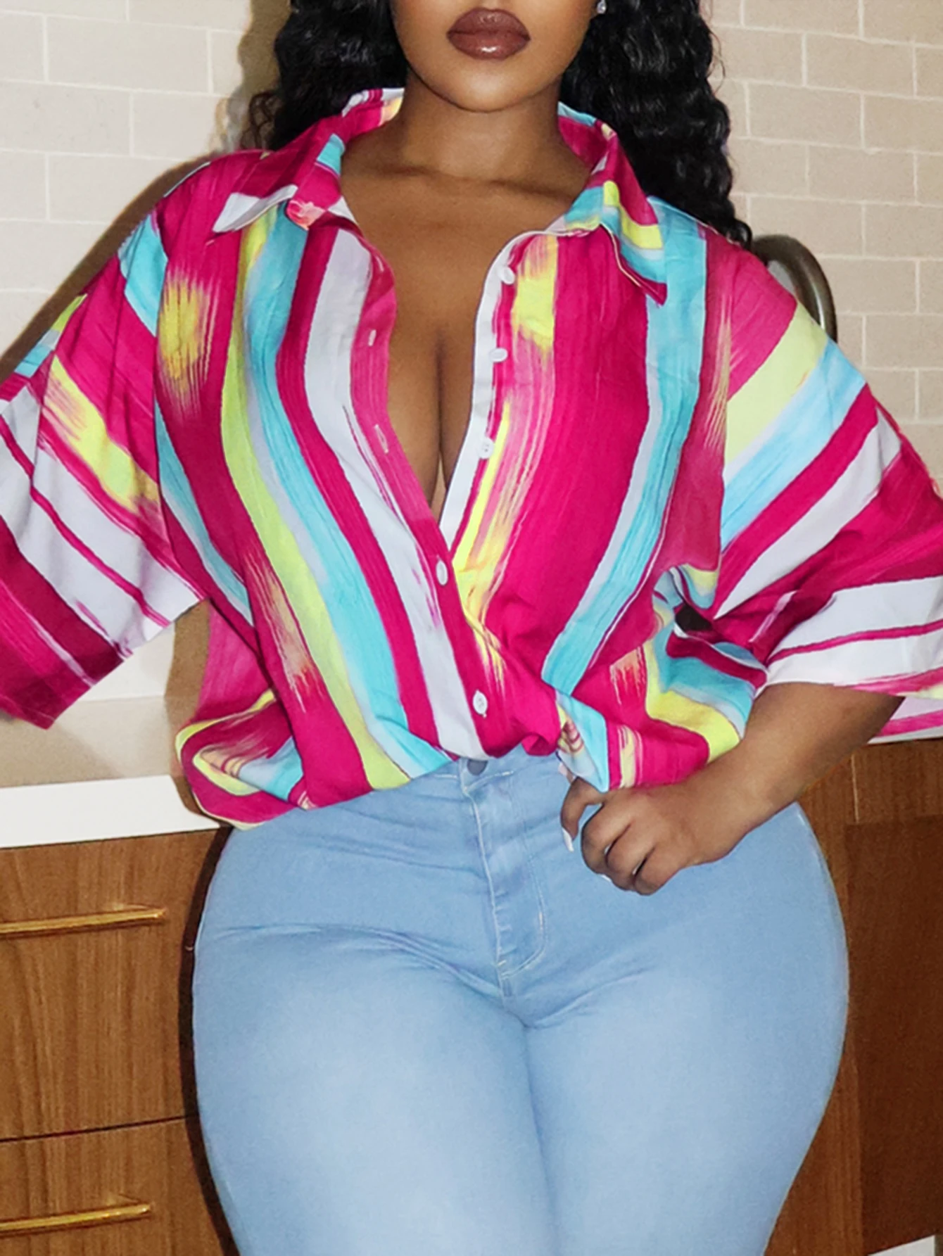 

LW Plus Size Shirt Turndown Collar Striped Shirt short sleeve women loose Shirts Female Fashion casual Button-up Blouses Tops