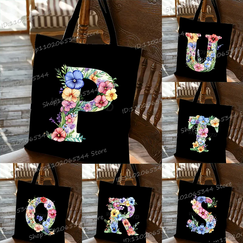 

Модная женская сумка на плечо с акварельными цветочными буквами A-Z, однотонная студенческая повседневная сумка-тоут, винтажная сумка с цветочным алфавитом