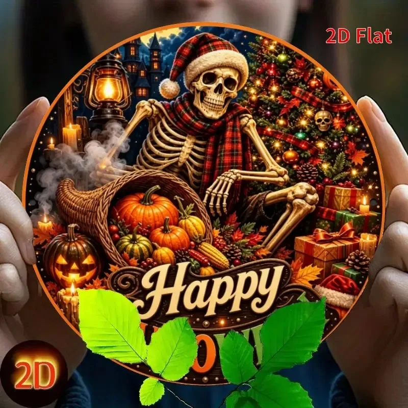 2D Flat - 【2D Flat】 2D Flat - [2D Flat] 2D Flat - [2Dflat] 1pc 20X20Cm Happy Halloween Round Metal Tin Sign Spooky Skeleton Sant