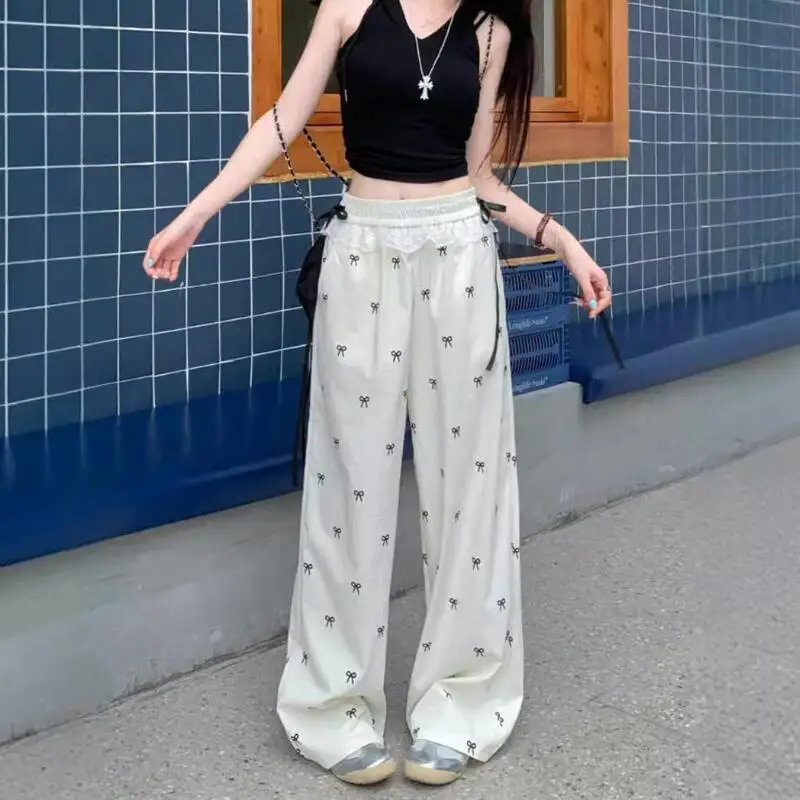 Süße Heiße Mädchen Lesben Patchwork Casual Hosen Bowknot Hosen frauen Frühling Sommer Elastische Taille Breite Bein Hosen Gerade Hosen