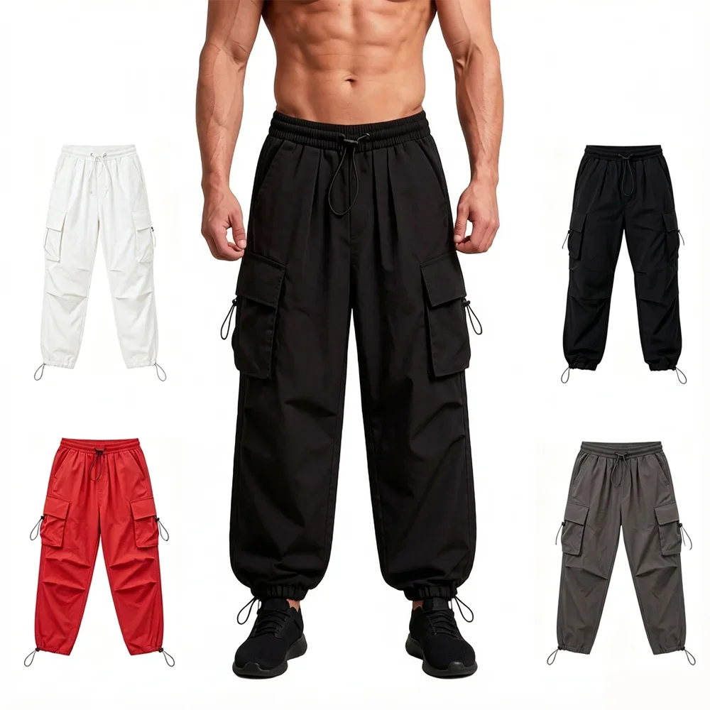 Men's Loose Cargo Pants Techwear Hip Hop Streetwear Trousers Multiple Large Pockets Elastic Waist Drawstring Mens Pants