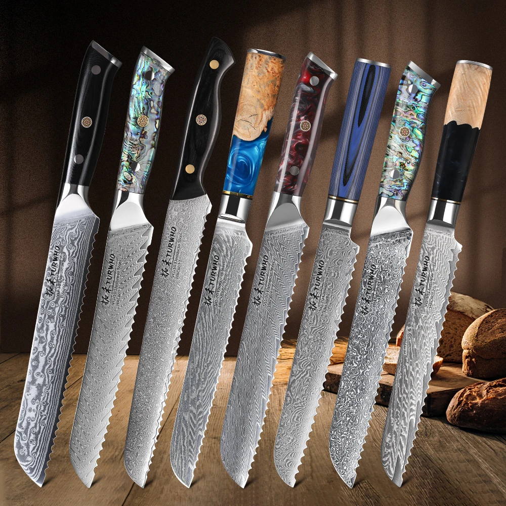 TURWHO Serrated Bread Knife Wave Edge 67 Layer Damascus Steel VG10 Professional Kitchen Chef Knives Cut Ice Cheese Cake Knives