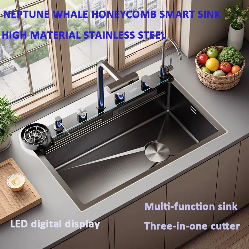 Neptune Whale Honeycomb Smart Sink Premium Self-Buildable Multifunctional Kitchen Sink with Advanced Features in Stainless Steel