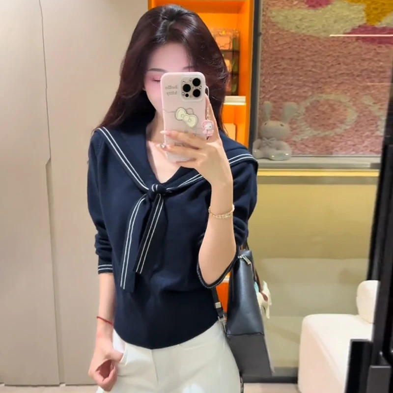 College Style Navy Collar Long Sleeve Loose Casual Sweater Korean Knitted Top For Women