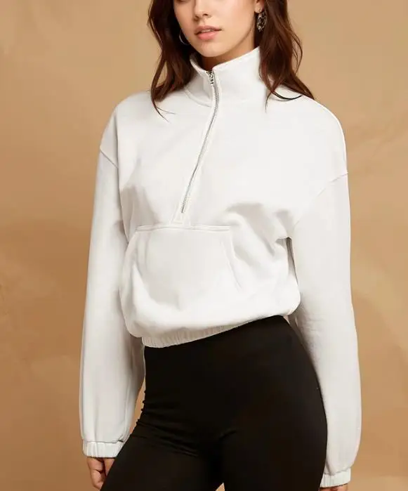 

Heavy Cotton Fabric, White Pullover Sweatshirt, Women's Lazy Style, Half Zipper Design, Medium To Long Inner Sweatshirt