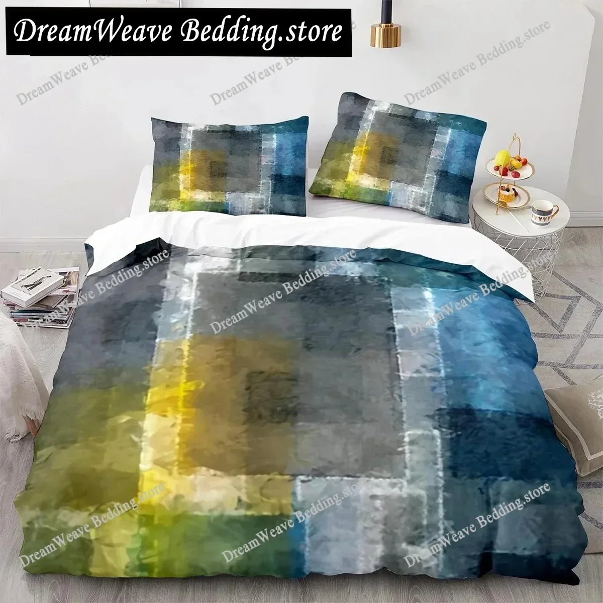 Art Green Blue Black Striped Plaid Patch Style Duvet Cover Pillow Case Bedding Set Quilt Cover Double Bed Home Textile963963