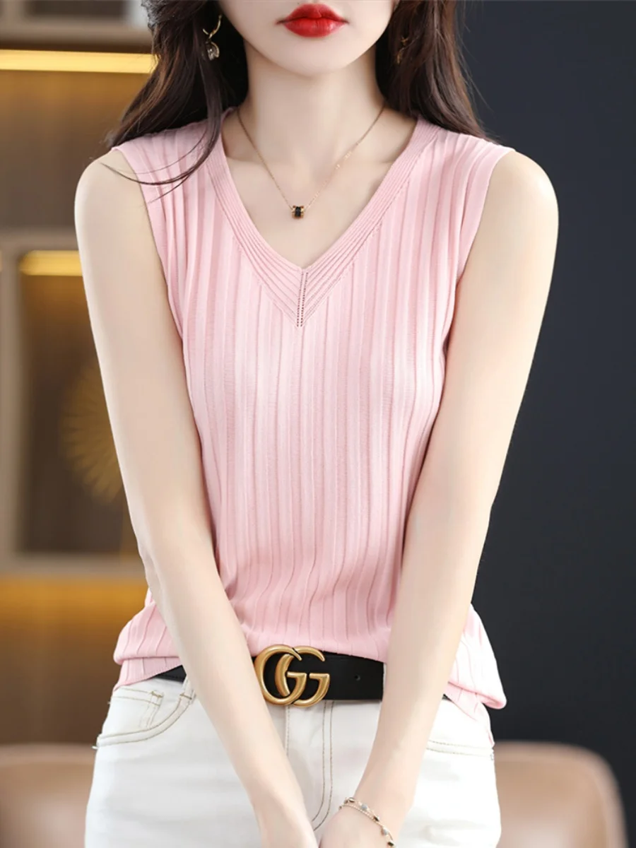 

Ice Silk Knitted Vest Women Summer Sexy Slim Fit Svel V-Ne Tank Top Matching Underwear for Suit Hollow out T-irt