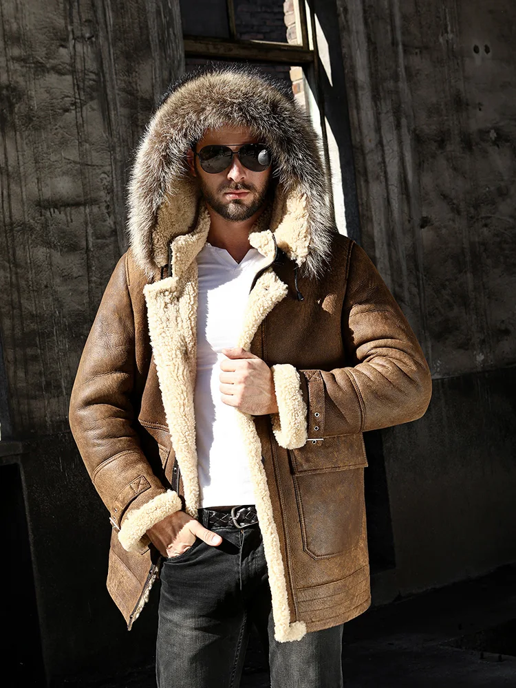 Hooded Long Original Ecological Fur Integrated Genuine Leather Jacket Men Real Fur Coat Retro Brown Thick Winter Sheepskin Coat