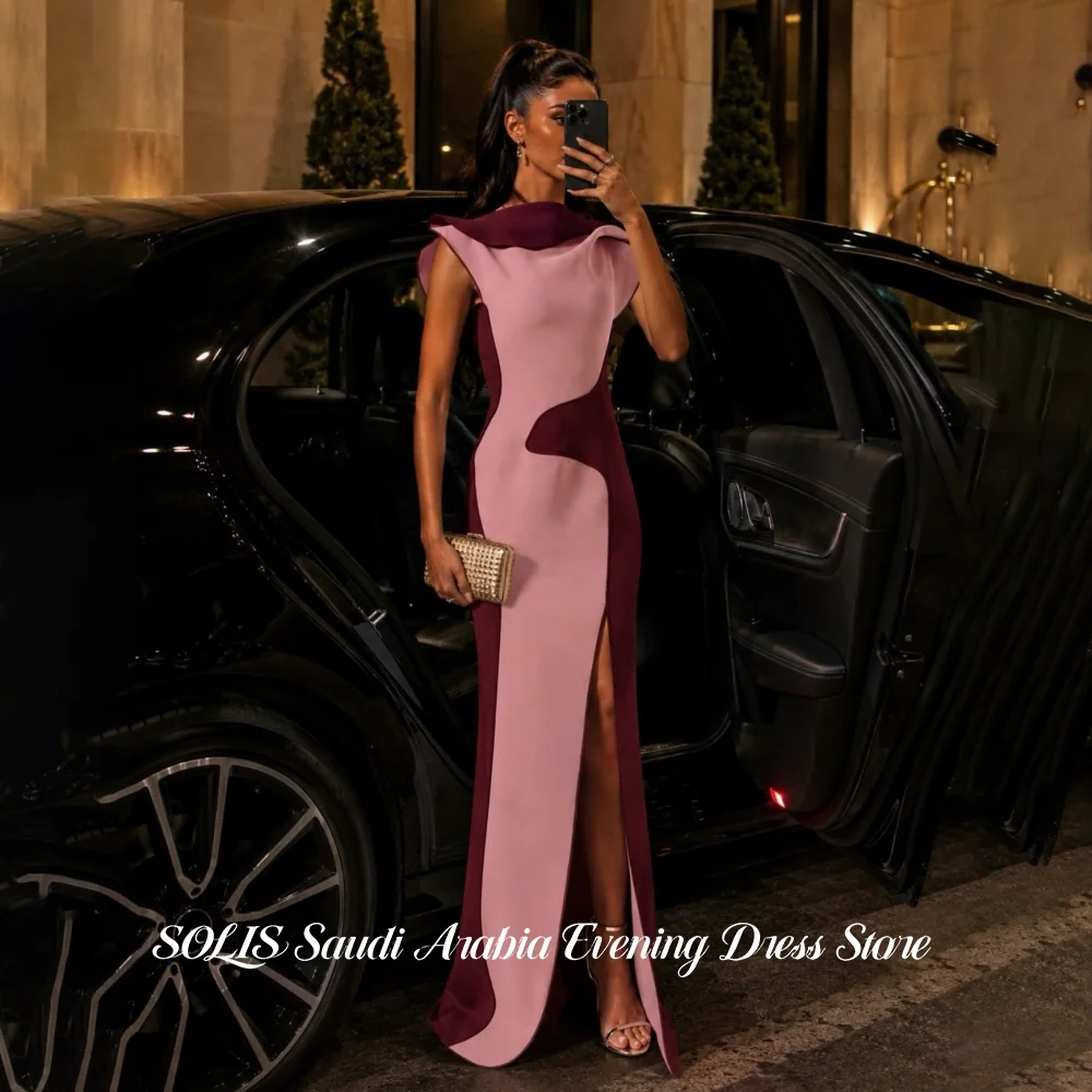 SOLIS Pink Burgundy Color Block Mermaid Evening Gown High Neck Ruffle Slit Formal Prom Dress Wedding Party Gown Color Customized