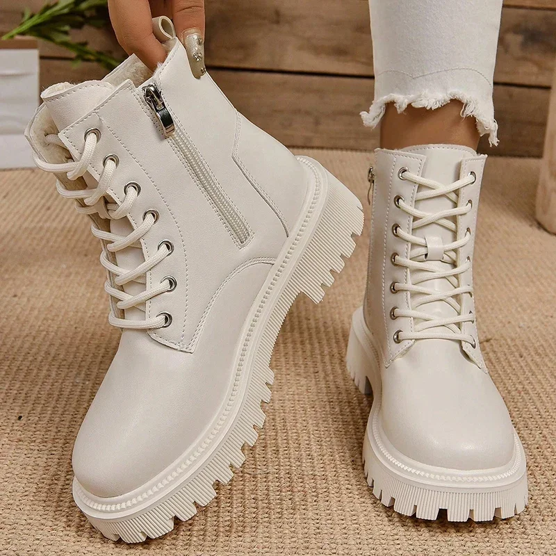 Winter Warm Short Plush Ankle Boots Women Fashion Zip Lace Up Platform Combat Boots Woman Comfy Low Heels Pu Leather Botas Mujer image 3