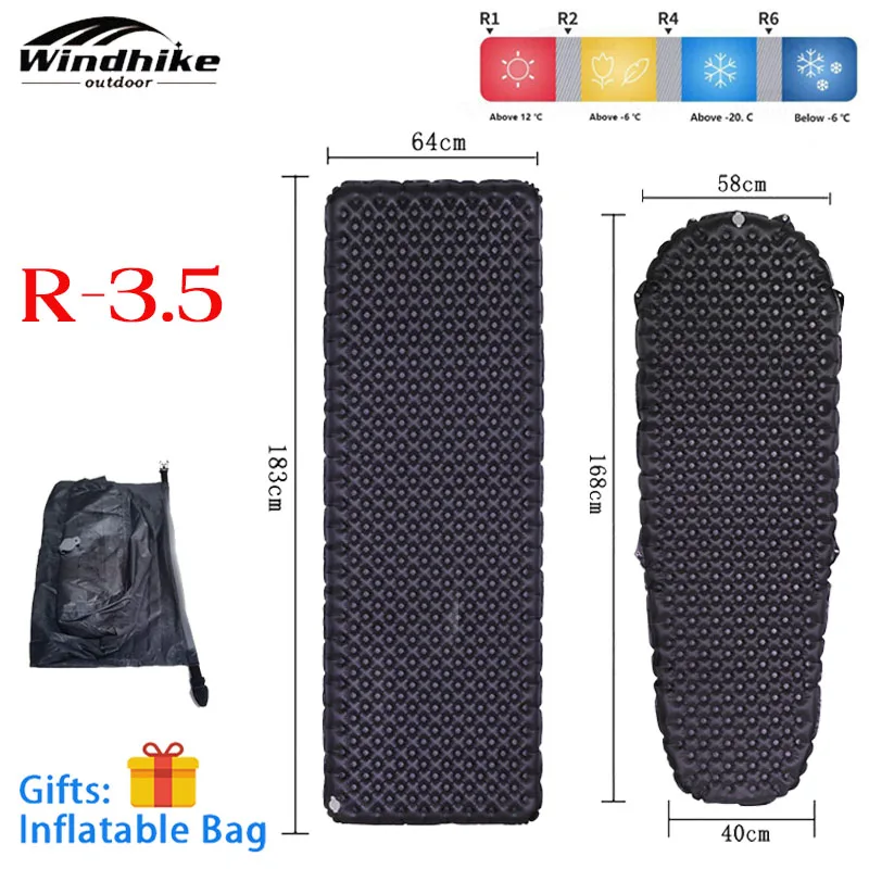 Windhike 3.5 R-Value Camping Mat TPU Ultralight Outdoor Hiking Sleeping Pad Keep Warm Air Mat with Inflatable Bag 1-2 Persons