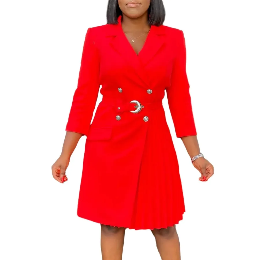 Elegant Blazer Dresses for Women Church Waist Belt Buttons Pleated Long Sleeves Classy Modest Female Office Ladies Business New