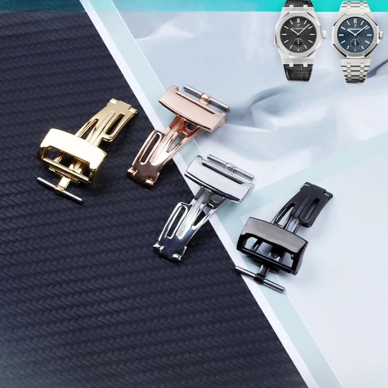Correa de reloj de cuero de silicona, accesorios para correa de reloj AP, hebilla plegable Universal sólida, resistente al agua, oro rosa brillante, 18mm