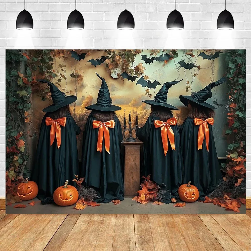 Halloween Party Dekoration Hintergrund Hexenhut Umhang Kürbis Kinder Urlaub Porträt Fotografie Hintergrund für Fotostudio Requisiten