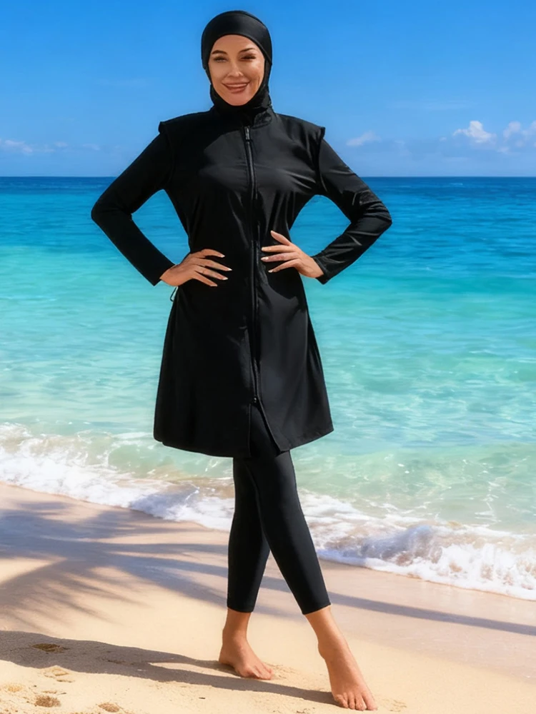 4 قطعة/المجموعة النساء Burkinis ملابس سباحة إسلامية بأكمام طويلة بلون ملابس السباحة الإسلامية حماية UPF50-UV