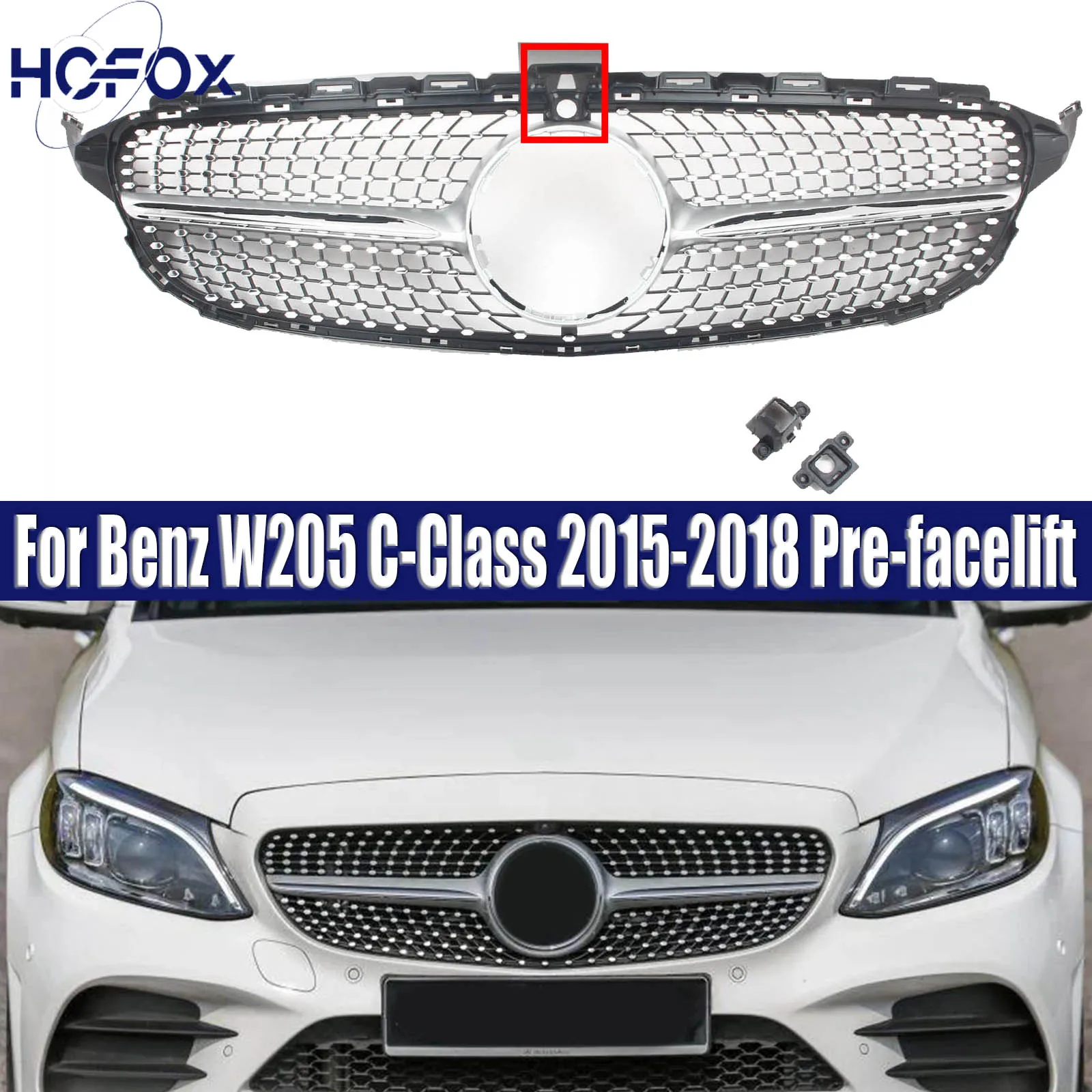 

For Benz W205 C-Class 2015-2018 Pre-facelift Front Bumper Grill Grille Modified Diamond Style Body Kit WITH CAMERA HOLE
