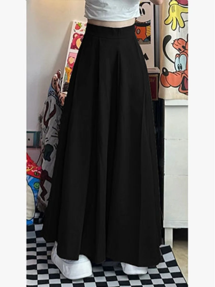 Deeptown Vintage Long Skirt Women Elegant Preppy Style Pleated Skirts Black Fashion Autumn Winter Solid Casual A-line Suit Skirt