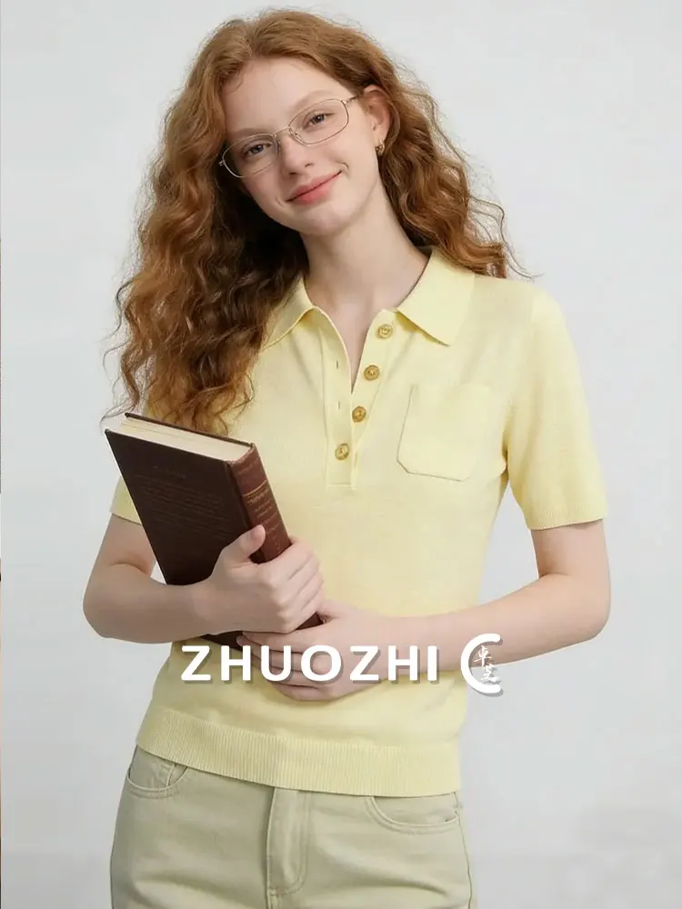 

Футболка ZhuoZhi Pure Color с пуговицами, вязаная, летняя, новая, с утонченным воротником, короткий рукав, французский стиль