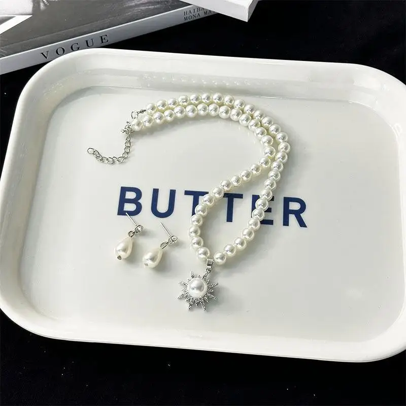 1 Set Sunflower White Pearl Necklace Earring Jewelry Set For Women Party Wedding Pearl Accessories
