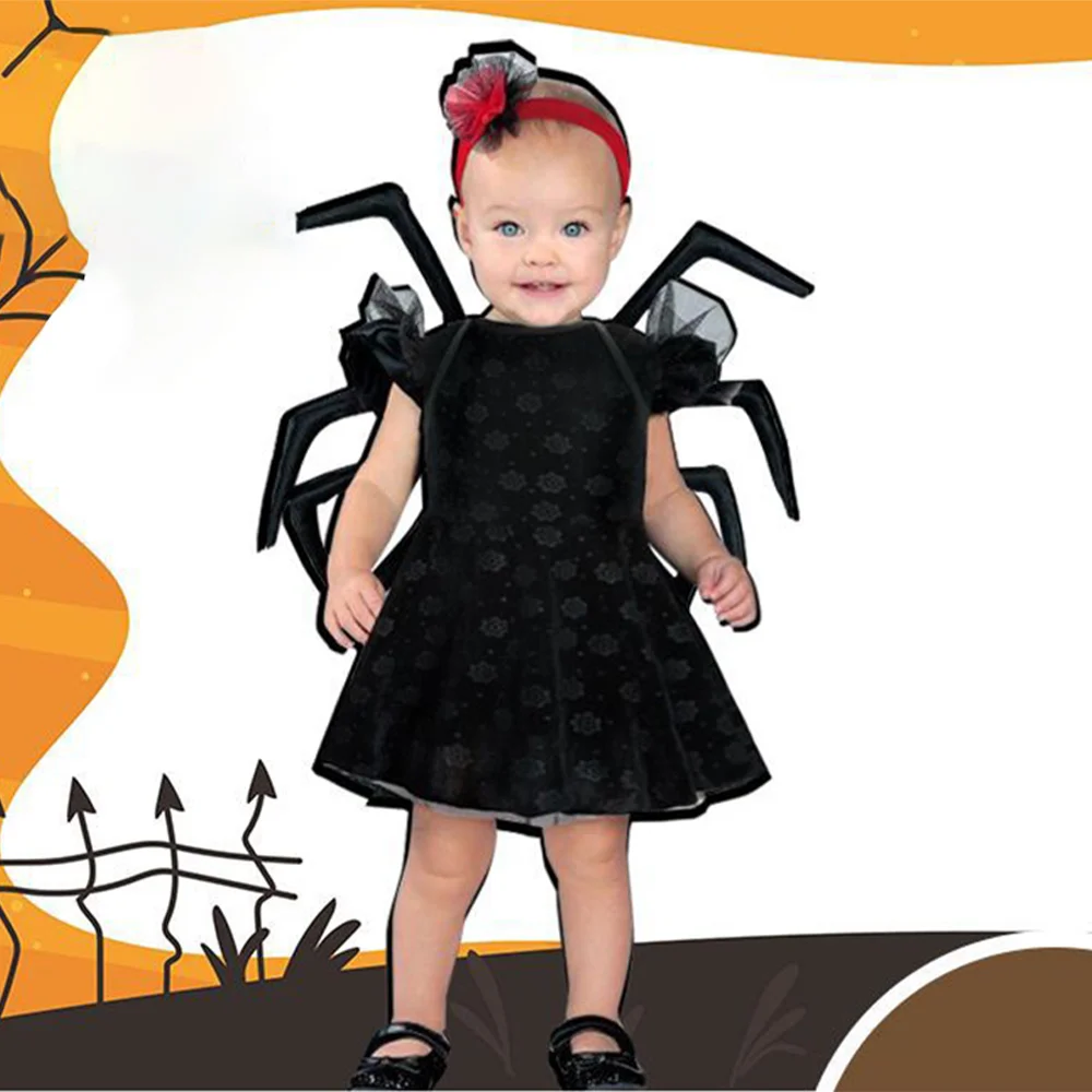 Kids Cute Black Spider Cosplay Girls Costume Skirts Headgear Outfits Children Dance Performance Dress Halloween Carnival Suits