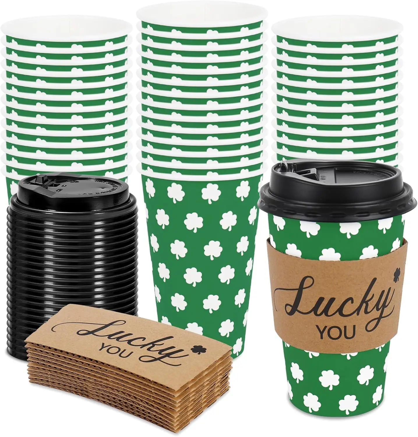 

48 Set St. Patrick' s Day Disposable Coffee Cups with Lids Sleeves Paper Cup Green White Lucky Shamrock Clover Drinking