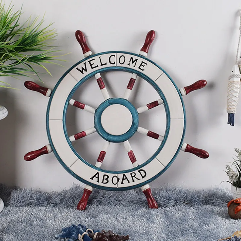Pirate Ship Steering Wheel Wall Decor, Nautical Coastal Hanging Ornament for Living Room,Mediterranean Background Art for Hotel