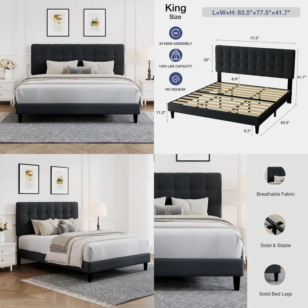 

Upholstered Wingback King Bed Frame with Storage and Noiseless Wooden Slat Support